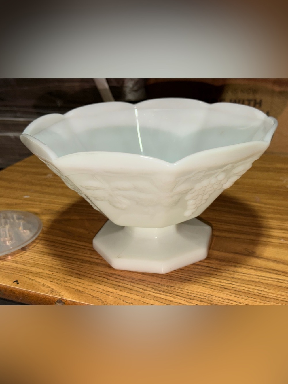 White Milk Glass Compote Bowl with Grape Relief